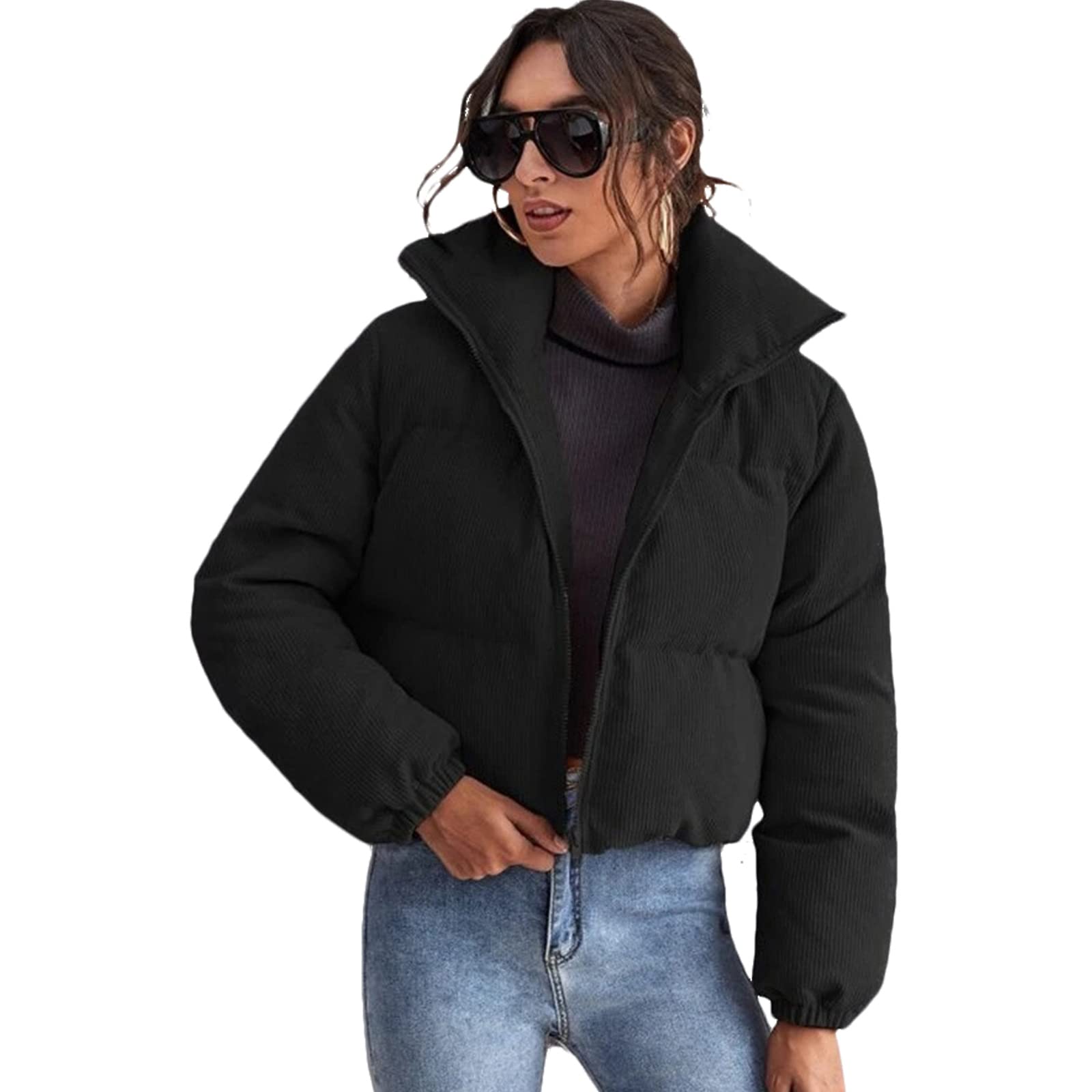 sandbank Women's Warm Winter Short Puffer Jacket Coat with Pockets Black US 6