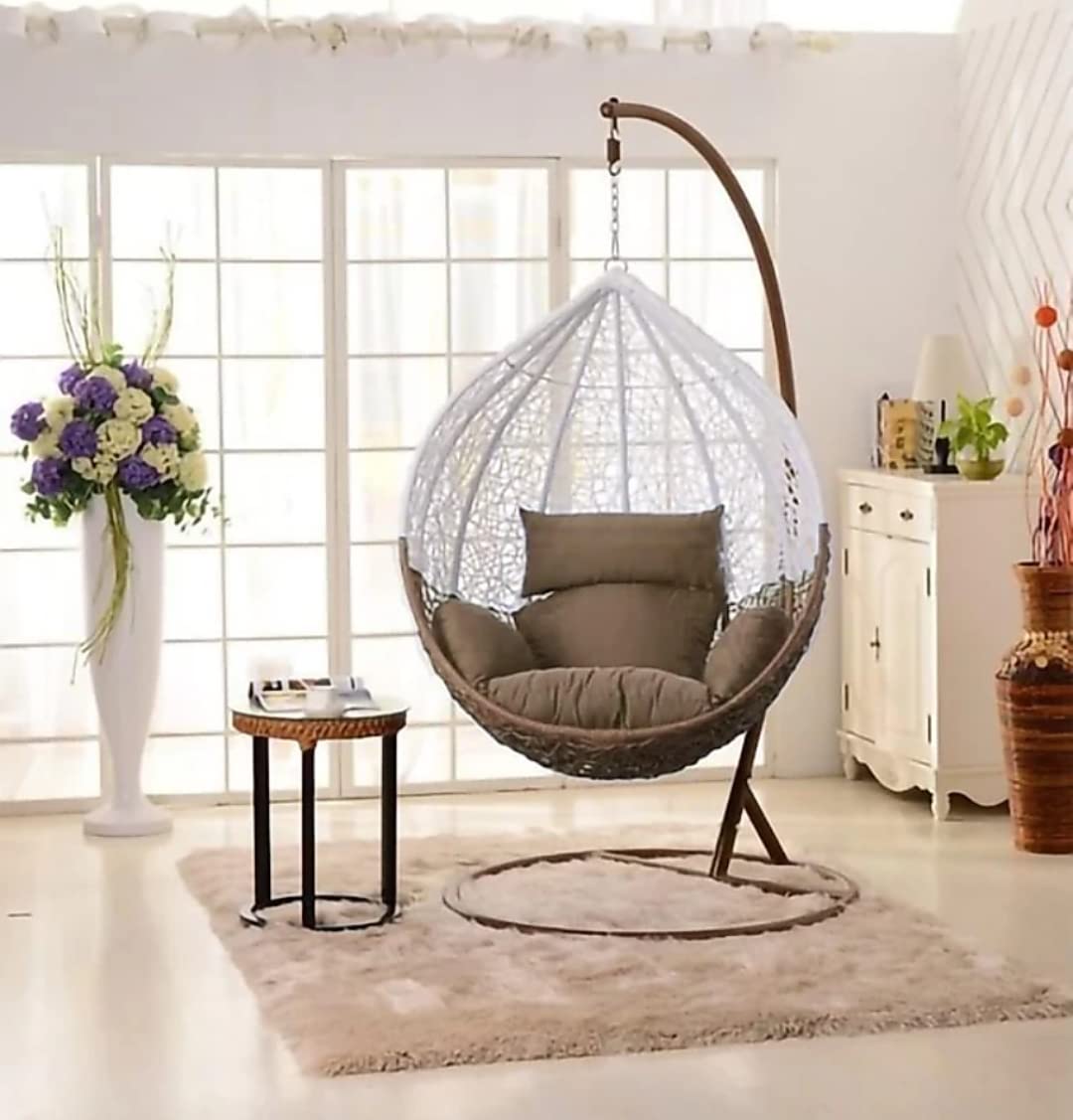 Single Seater Swing Chair with Stand and Cushion Hammock Swing for Adult Outdoor Indoor Garden Living Room Balcony Hanging Chair (Golden White)-image-31