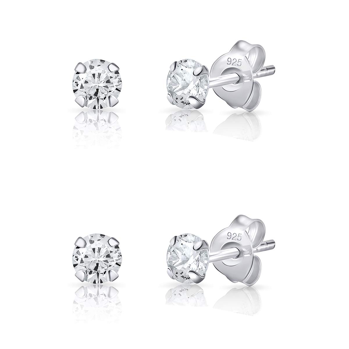 DTPsilver Set of 2 PAIRS of 925 Sterling Silver, 24K Yellow or 18K Rose Gold Plated VERY/TINY Round Stud Earrings with Cubic Zirconia - Diameter: 2, 3 or 4 mm - White/Clear CZ