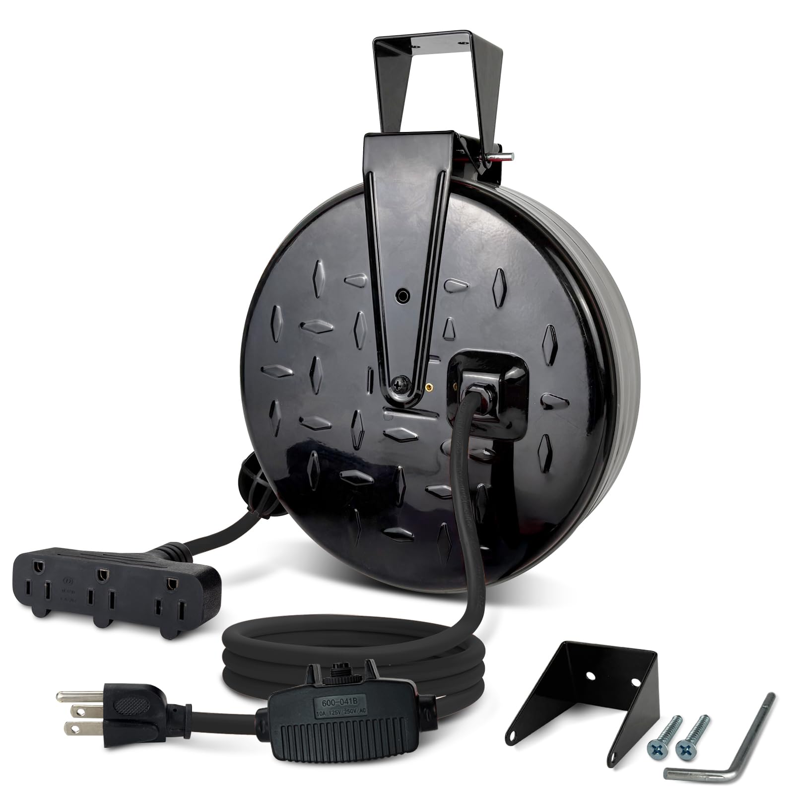 Carrete de cable de extensión retráctil de 30 pies, cable de alimentación SJTW 16/3 con 3 tomas eléctricas y disyuntor de 10 amperios, montaje en techo o pared, placa de metal