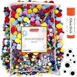 VALUE PACK OF POM POMS & GOOGLY EYES — Includes 2000 pieces total: 1900 colorful pom poms for crafts in 8 varieties and 100 googly eyes in 4 different sizes (5–12 mm), plus a glue stick for instant fun. ASSORTED POMPOMS FOR CRAFTS — Features pom pom ...