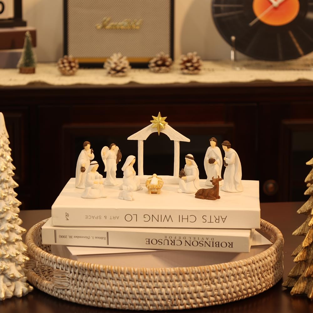 MEETYAMOR Weihnachtskrippe Sets für Weihnachten Innen, 11 Stück Harz Krippe Figuren Set für Weihnachten Dekor, Weihnachtsdekorationen Innen für Home Tisch Kaminsims Küchenregal