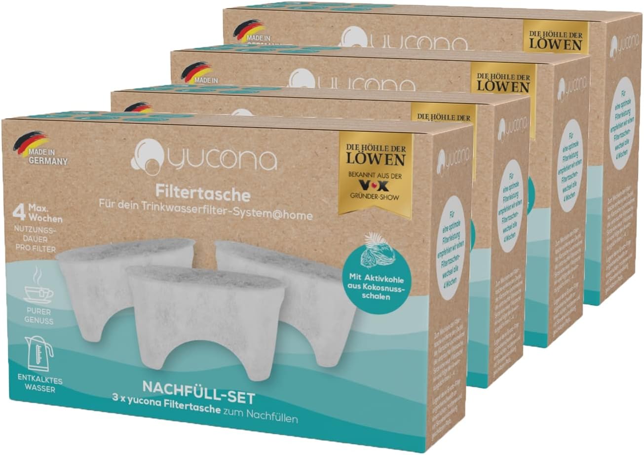 Yucona Water Filter Refill Set 12-TLG. for 12 Months | Reusable Water Filter Cartridge, 96% Plastic Savings | 12 Filter Bags, Made in Germany [Activated Carbon from Coconut Shells].