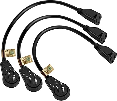 Nekteck 360 Rotating Flat Plug Extension Cord 1 Foot, 14AWG 3 Prong Extension Cord, Low Profile Right Angle Power Cord, Flat Extension Cord Grounded Wire, 15A - UL Certified, Black