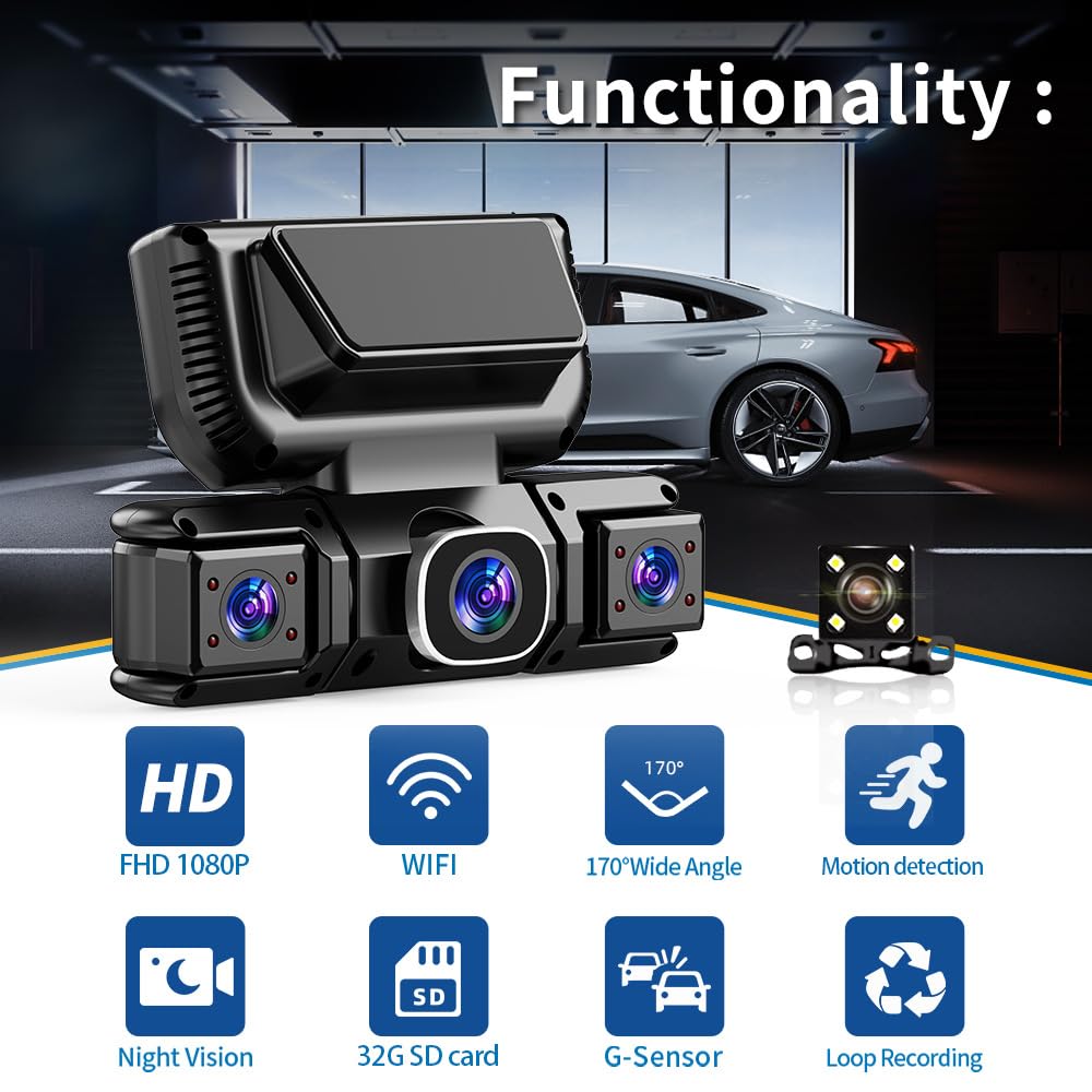 Grabadora de video DVR WiFi de 4 canales para coche de 360° con tarjeta de 32 GB, 1080P FHD vista de 360 grados, cámara frontal y trasera, control de aplicación, monitoreo de estacionamiento