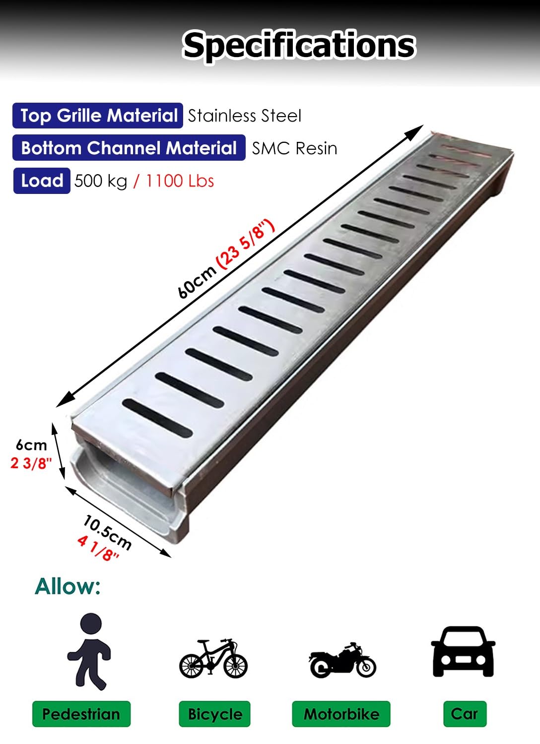 Griglia di scarico da 60 cm, in acciaio inox, antiscivolo, per interni ed esterni, protezione per drenaggio del pavimento (60 x 10 x 6 cm)