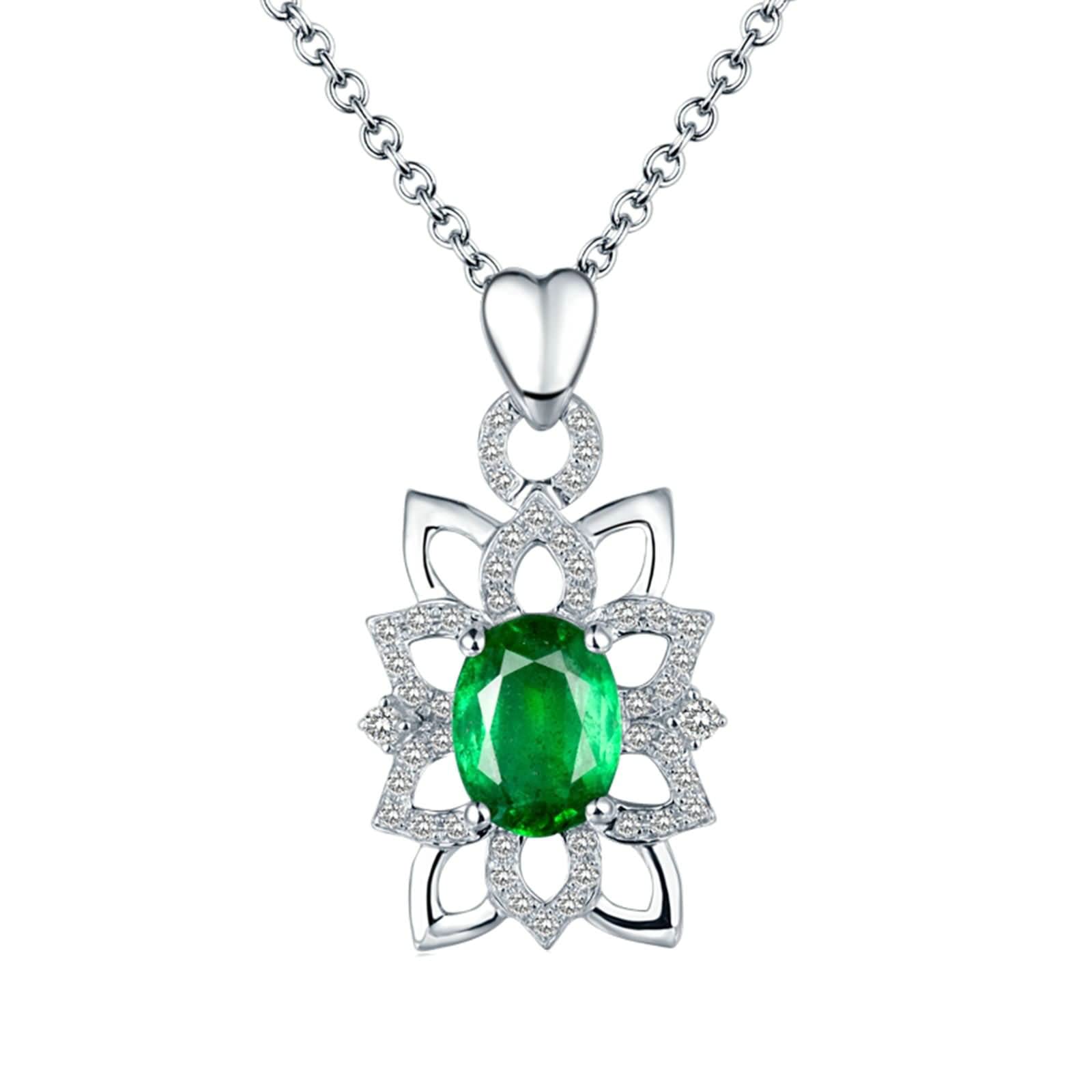 Delicado collar para mujer, 1,3 quilates creado en laboratorio, esmeralda ovalada y forma de flor con circonita cúbica de 0,23 quilates, oro de 18 quilates/plata de ley 925, collares con colgante para