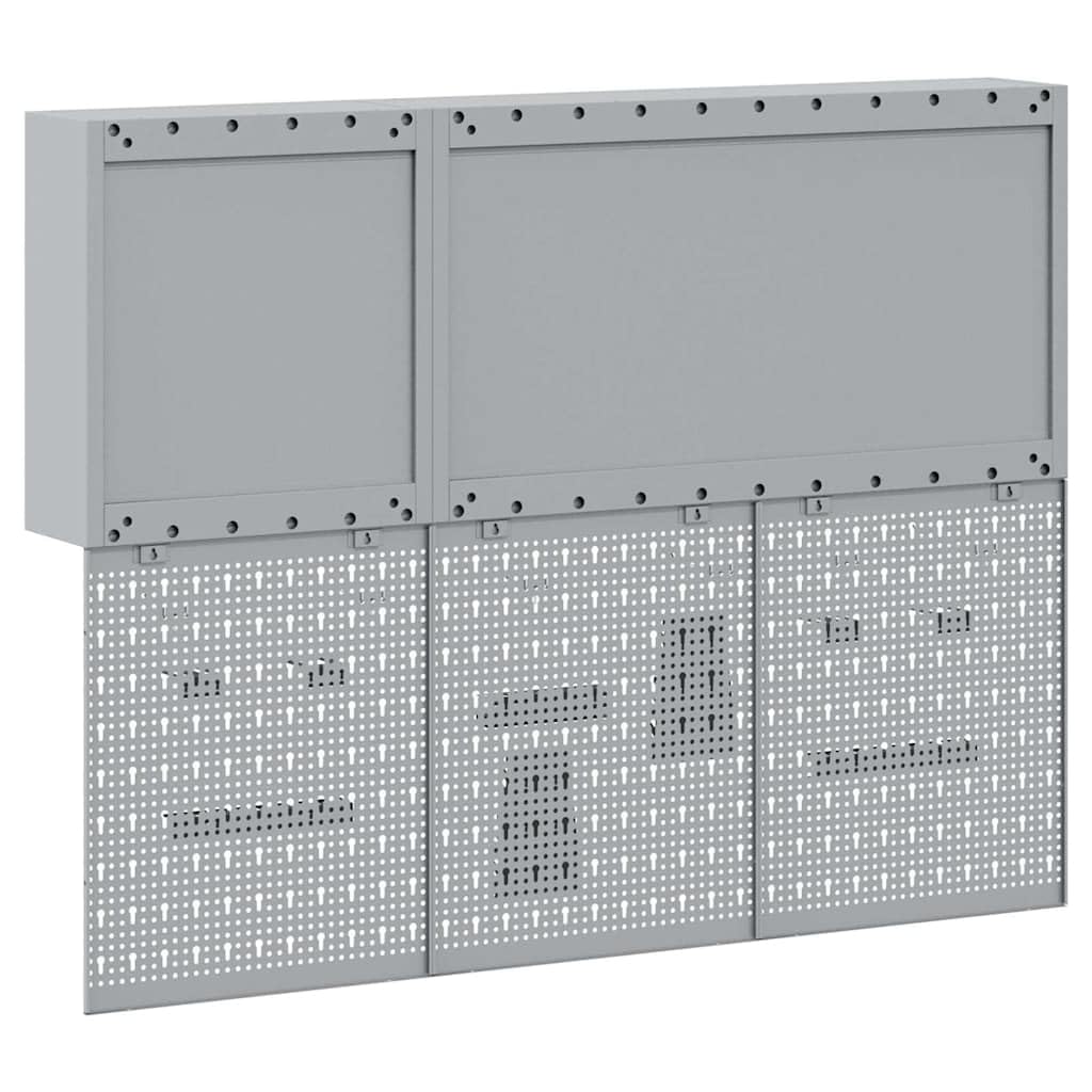 Juego de 5 armarios para herramientas de acero pulverizado, montaje en pared, 150 x 20 x 115 cm, con placas perforadas, estantes metálicos y 3 cerraduras para taller y garaje
