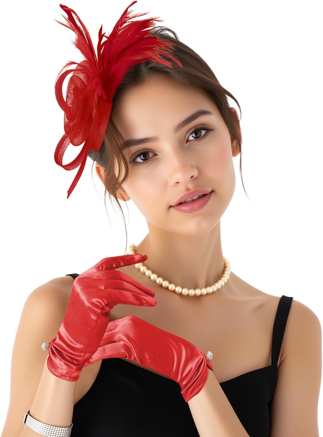 2Pcs 50s Fascinators Hats for Women Wedding Cocktail Flower Mesh Ribbons Feathers Church Tea Party Hats and Lace Glove - Image 3