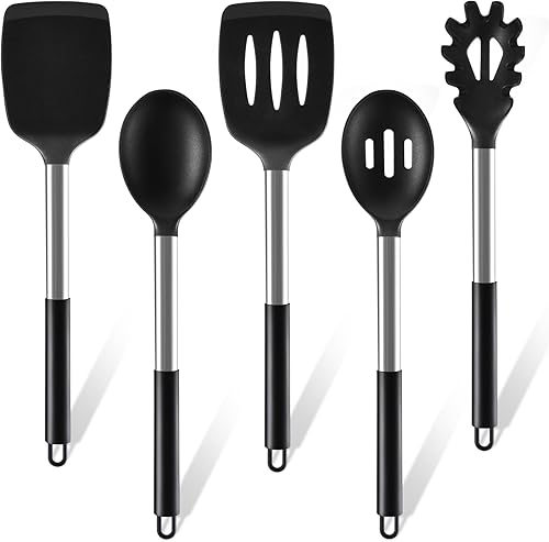 5Pcs Silicone Cooking Utensils Set, Heat Resistant Kitchen Tools Include Solid&Slotted Spatula, Cooking Spoon and Pasta Server, Silicone Kitchen