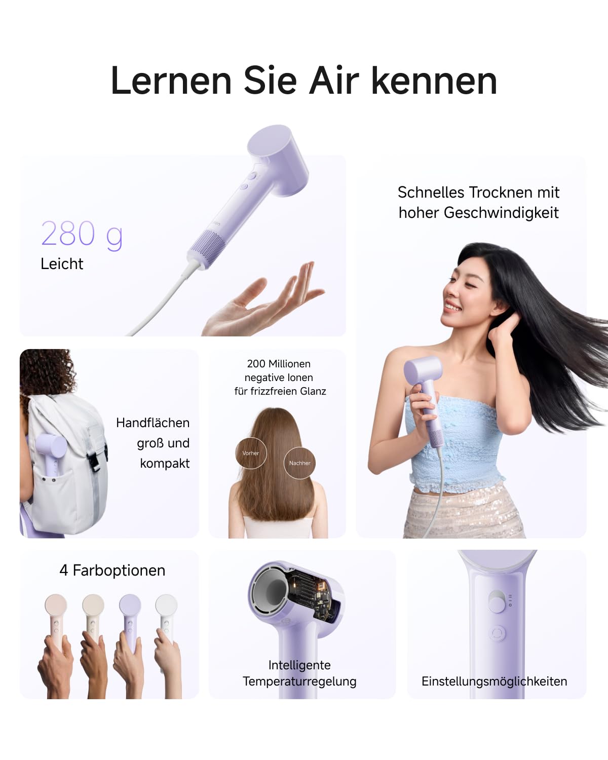 Laifen Air Haartrockner, 280 g leicht, bis zu 15× schneller, Lavendel | Glättungsdüse, 200M Ionen, 110.000 U/min, 60 dB, Thermo-Control, 3 Min. Schnelltrocknung, Kindermodus, Reiseföhn
