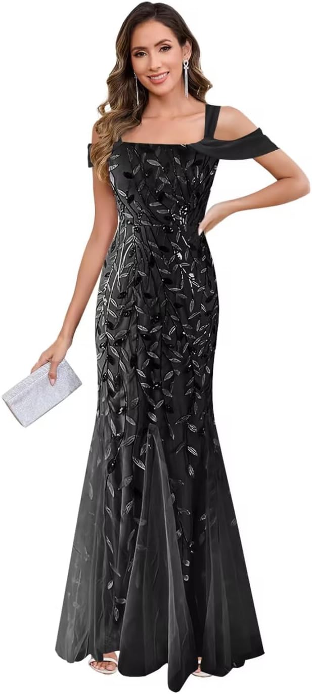 Mermaid Mother of Bride Dresses for Women Long Off The Shoulder Sequin Evening Formal Dress