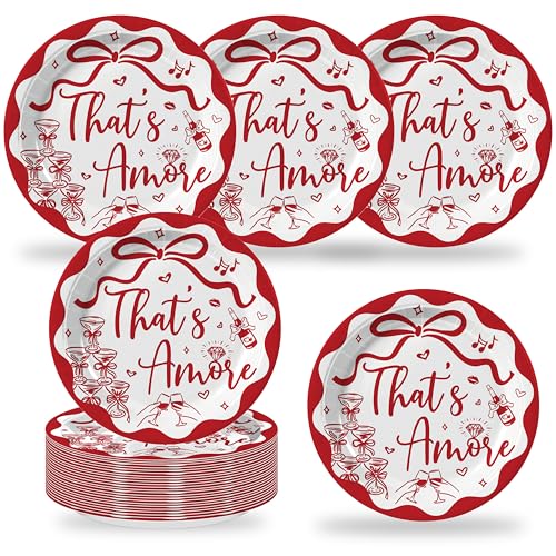 WFKLDF That's Amore Paper Plates for Italian Bridal Shower, 7 Inch Round, 50 Count, Disposable, Red and White