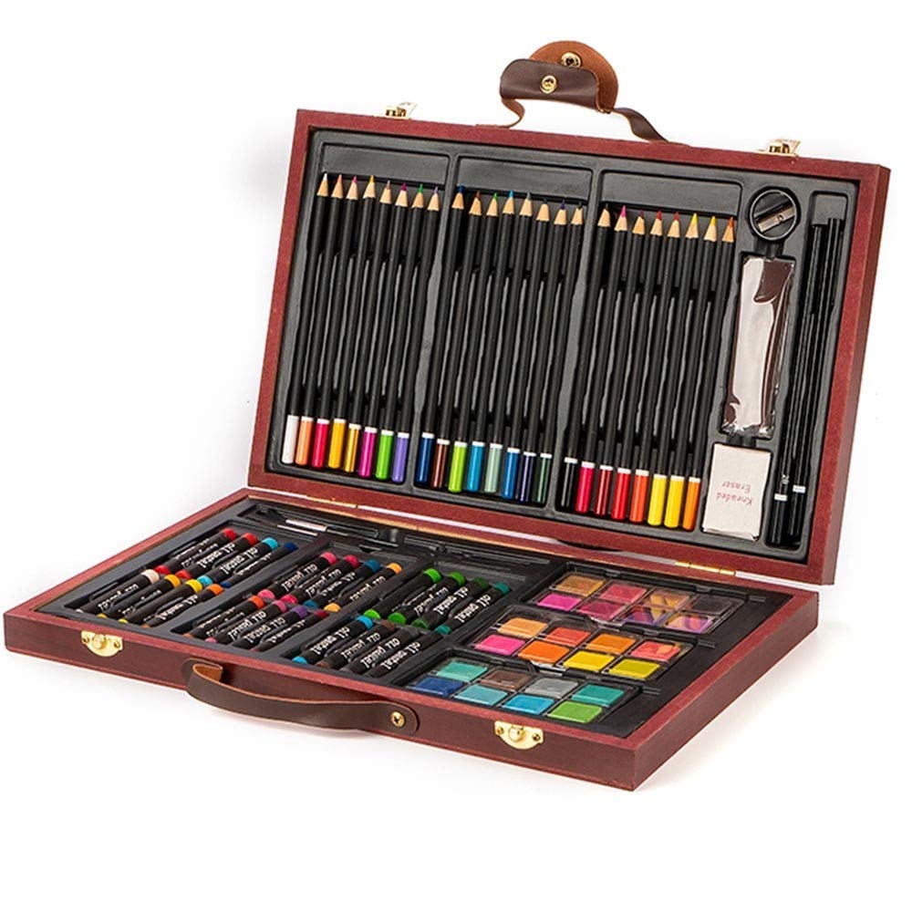 BAKAJI Valigetta in Legno Pittore Set 78 Pezzi Assortiti Colori Pastelli Acquerelli Pennelli e Accessori Disegno Set Artistico Professionale per Artisti Hobbisti e Principianti