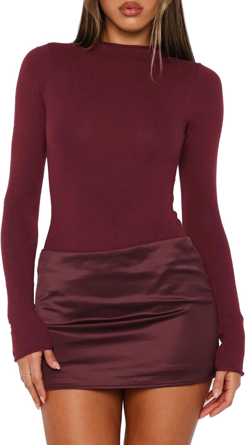 Womens Bodycon 2 Piece Mini Skirt Set Long Sleeve Mock Neck Bodysuit Top Layered Satin Mini Skirts Party Club Dresses