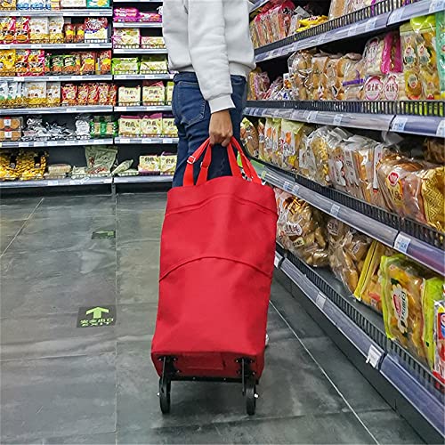 Carrito de la compra plegable con ruedas, carrito de comestibles portátil con ruedas dobles rodantes, bolsa de lavandería ligera roja para un fácil transporte y almacenamiento