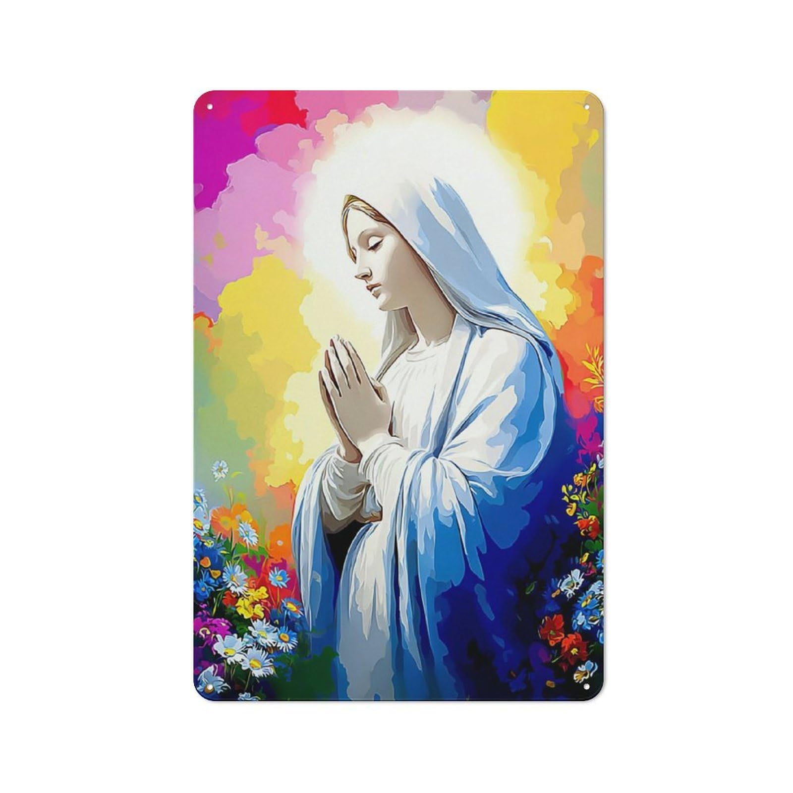 Junmoney Prayerful Serenity Amidst Floral Splendor Classic Metal Wall Decor 30X20cm, Decorative Tin Plaque For Cafe, Pub, Workshop Or Home Bar