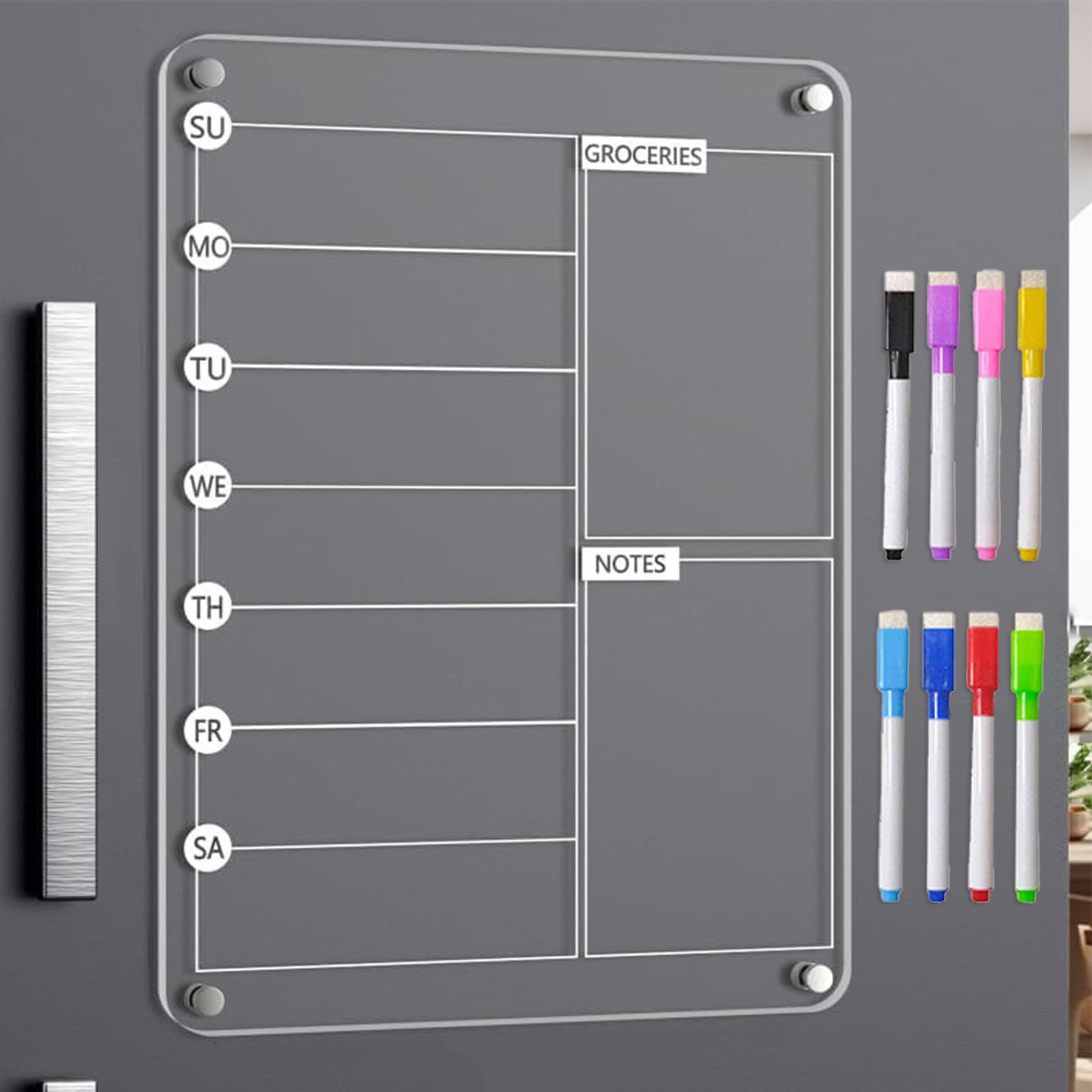 Acrylic Meal Planner Magnetic Board with 8 Markers, Reusable Weekly Noteboard for Refrigerator Grocery List Kitchen Organization