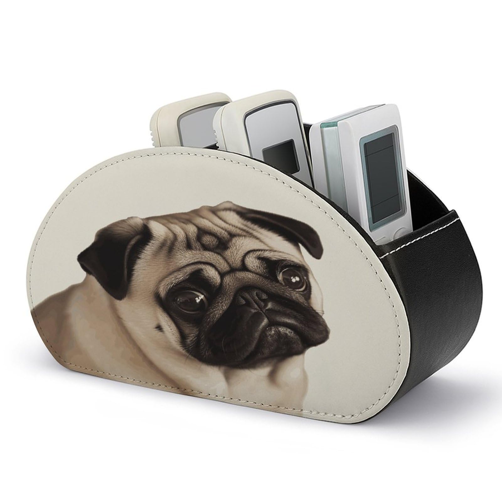 FekiLoot Pug Dog TV Remote Control Holder with 5 Compartments Multi-functional Leather Bedside Table Remote Caddy Desktop Storage Box for Store Pen Controller Media Player Cosmetic