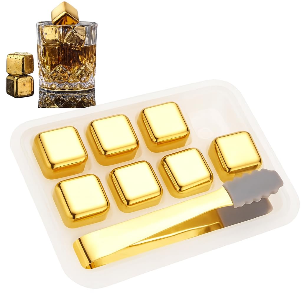 THW® Golden Finish Stainless Steel Pack of 8 Reusable Ice Cubes Chilling Stones with Tong & Freezer Storage Tray for Whiskey Wine Soft Drinks