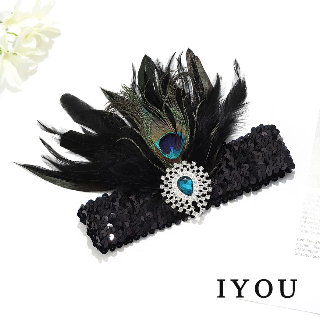 IYOU Pauwenveren Gatsby hoofddeksel zwart kristal flapper hoofdbanden prom kostuum bruiloft 1920 haaraccessoires voor vrouwen (rood