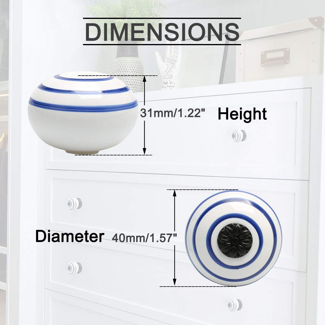 RhAny Ceramiczne gałki do drzwi do szafek, 6 szt. ceramicznych gałek uchwyt meblowy szuflada telewizor szafka szafka szafa komoda gałki do drzwi zamienne akcesoria białe