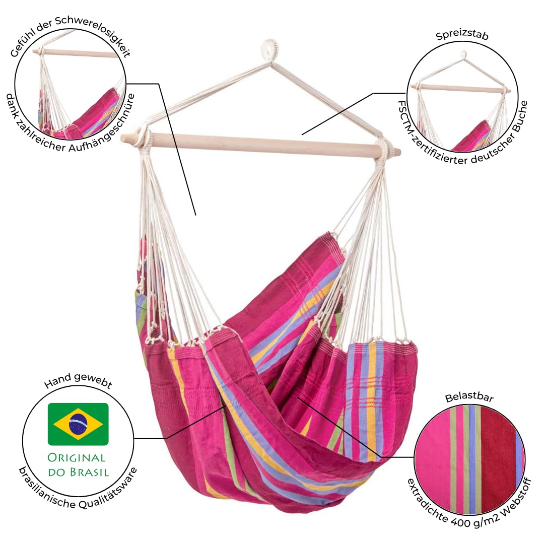 AMAZONAS Duży fotel wiszący wykonany ręcznie w Brazylii Brasil Grenadine z poprzeczką z drewna bukowego FSC od 110 cm do 150 kg kolorowe paski