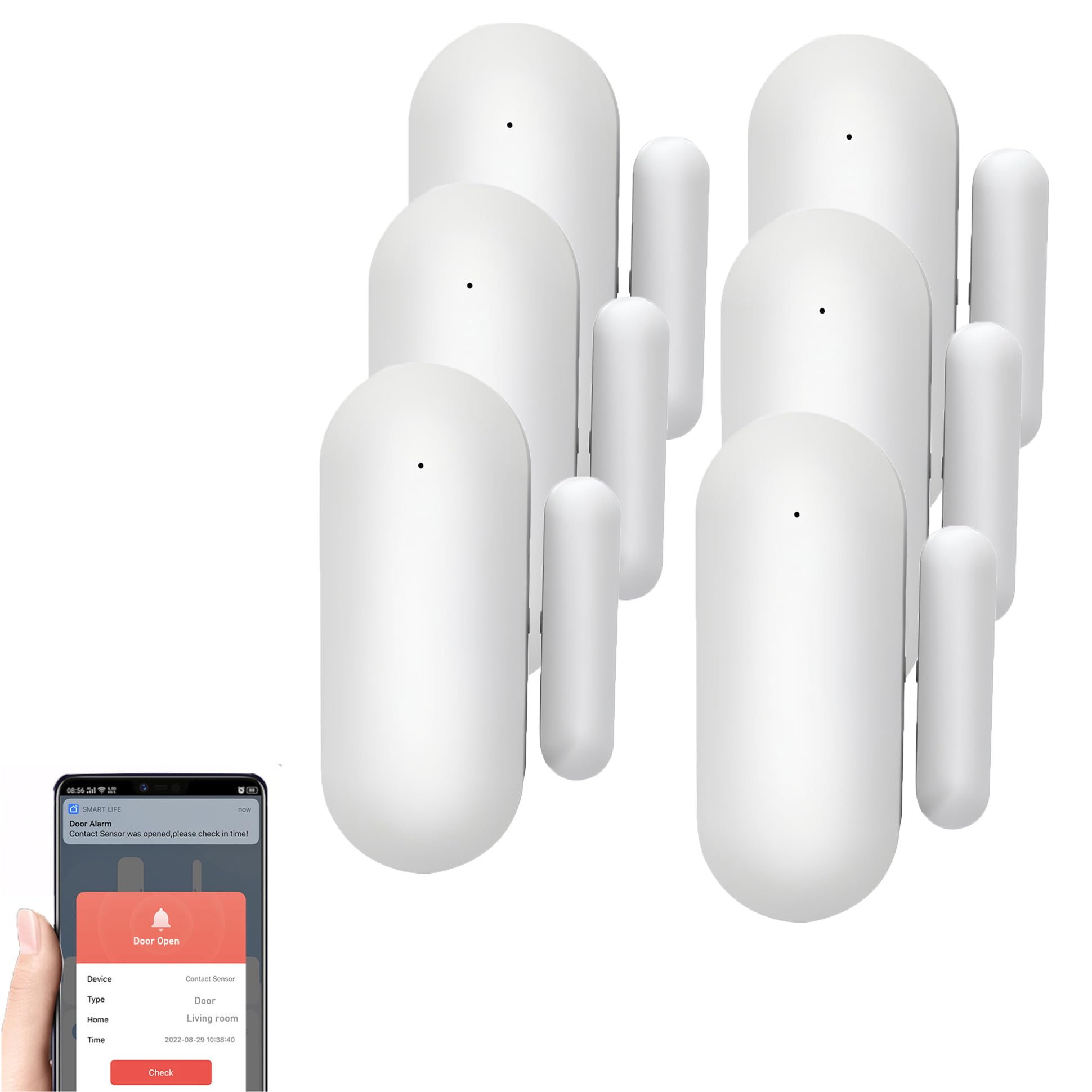 Mengshen Lot de 6 capteurs de porte WiFi intelligents sans fil avec alarme de porte et fenêtre avec application Tuya Détecteur d'ouverture de porte compatible avec Alexa Google Assistant