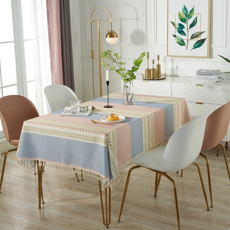 KIJSKKOPO Manteles Lavables Rectangulares, Estampado De Hojas En Color Rosa con Ribete De Borlas, Resistentes Al Agua Y Lavables, para Mesa De Comedor, Cocina, Picnic Al Aire Libre, Decoración De J