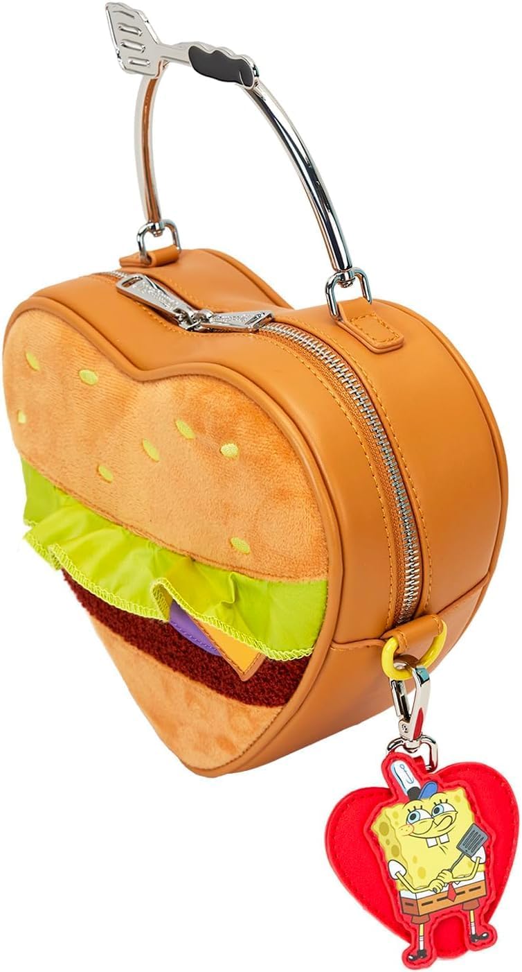 Loungefly Nickelodeon Spongebob Krabby Patty Heart Plush Crossbody Bag w/Detachable Charm Accessory | Made with Love