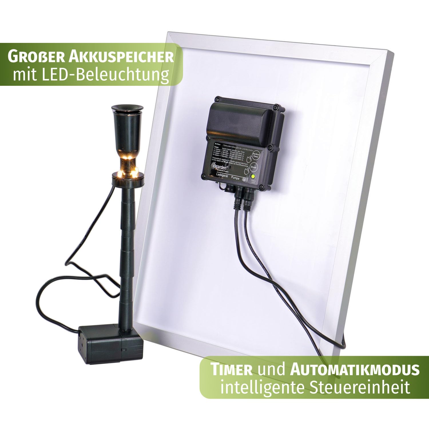 CLGarden Solar Teichpumpe NASP4 mit Akku LED Beleuchtung Pumpe für Gartenteich 500 l/h Solarpumpe 12V