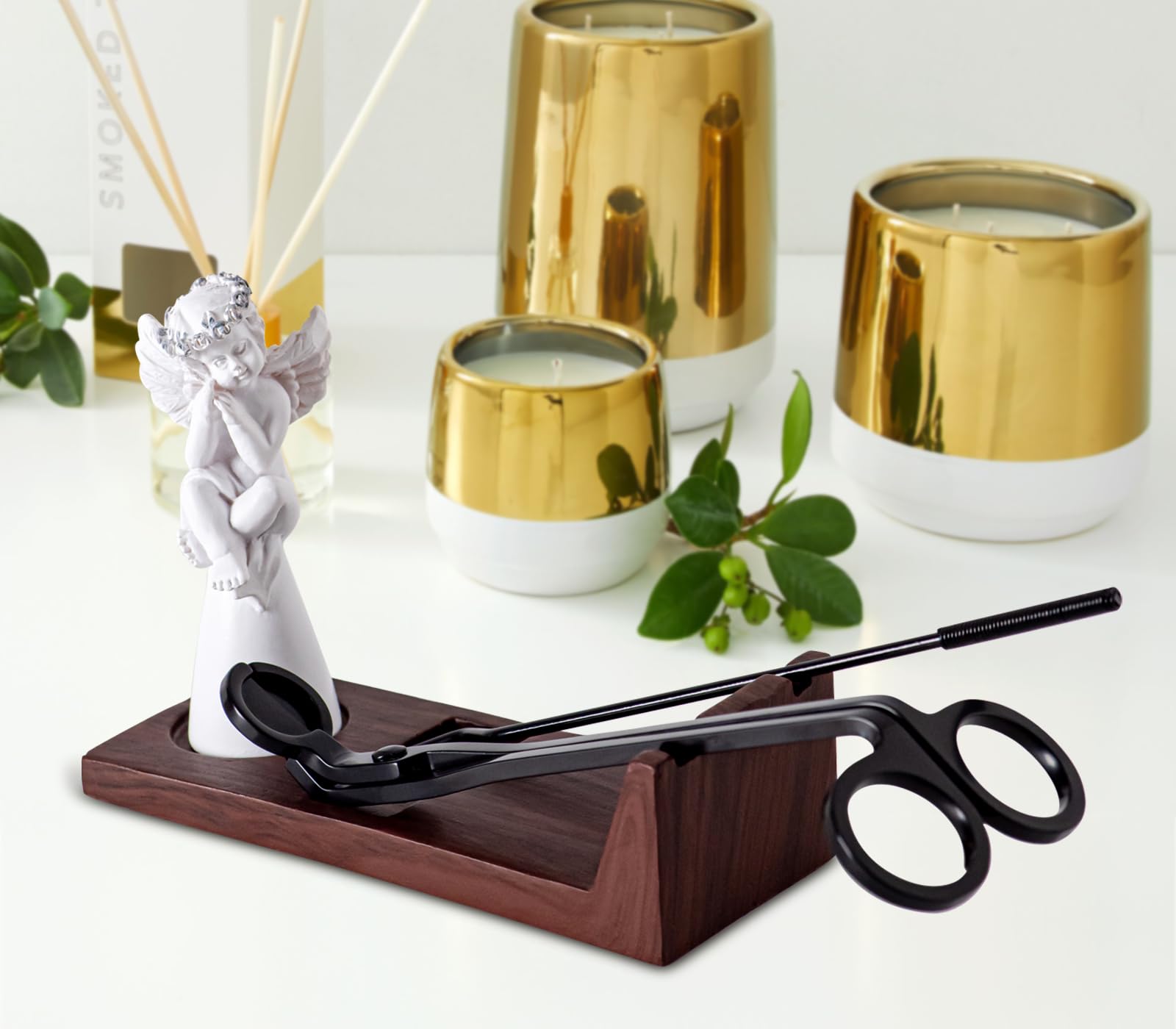 dgudgu Candle Care Kit Angel Candle Snuffer,Candle Wick Trimmer,Candle Wick Dipper,Storage Tray Plate, Black Stainless Steel Candle Wick Cutter Trimmer and Candle Wick Dipper apagador de velas