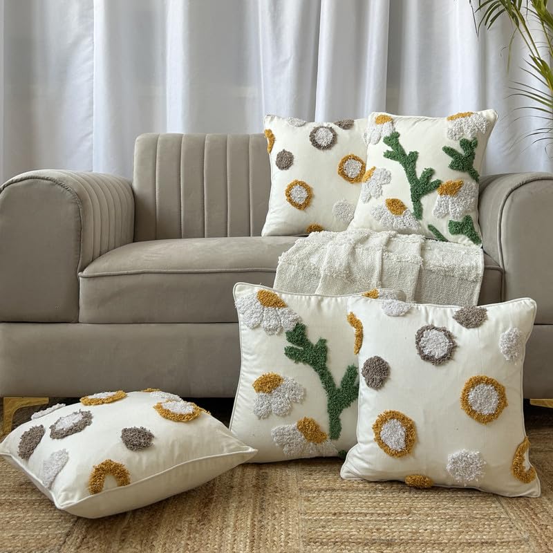 Export House Tufted Cushion Cover 16 Inch x 16 Inch Set of 5 | Decorative Throw Pillow Cover Set with Textured Design for Modern Home Décor