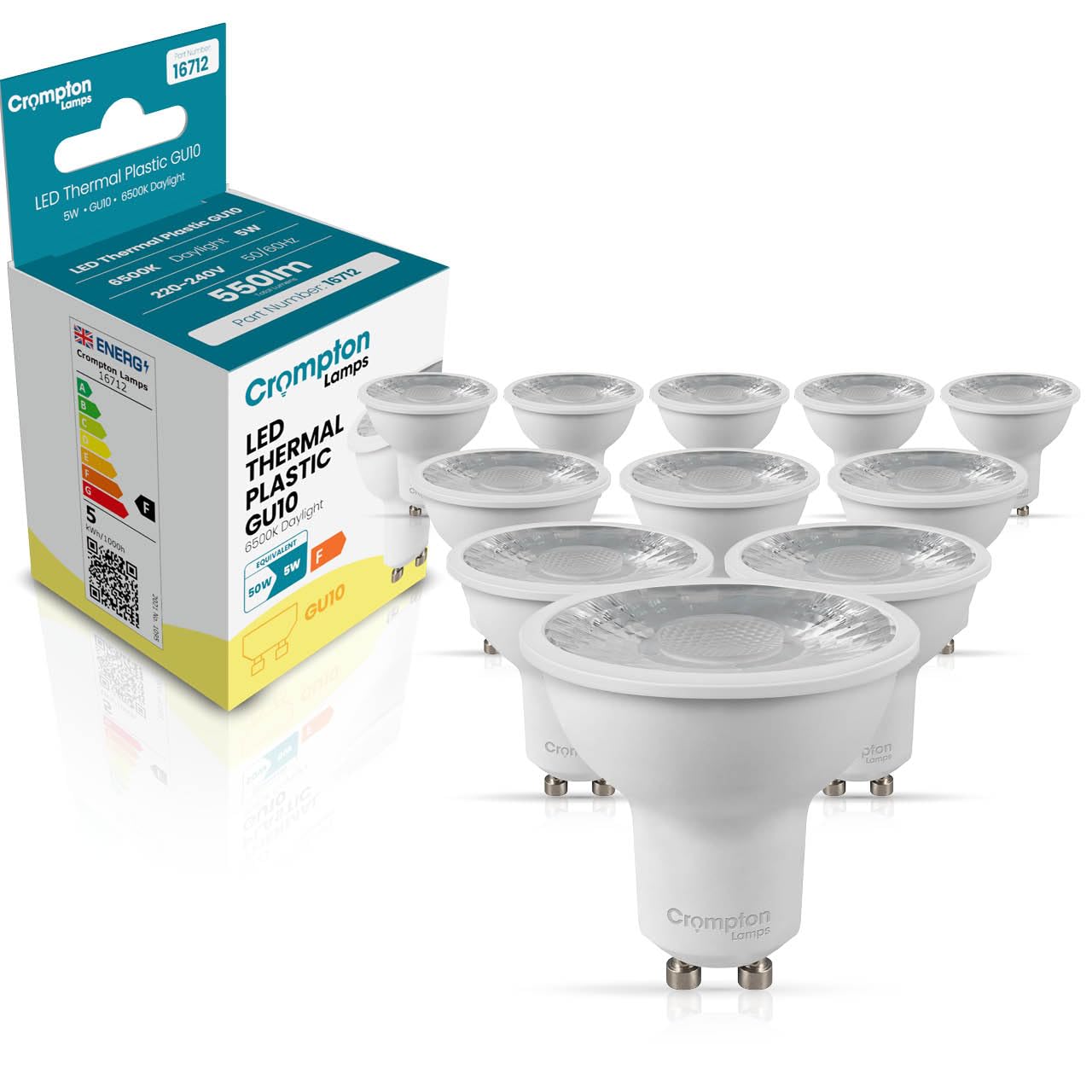 Crompton Lamps LED GU10 Spotlight Bulbs 5W | 10 Pack | Dimmable | Daylight 6500K | Energy Saving Light Bulbs for Ceiling Lights | 440 Lumens | Direct Replacement | GU10 LED Bulbs
