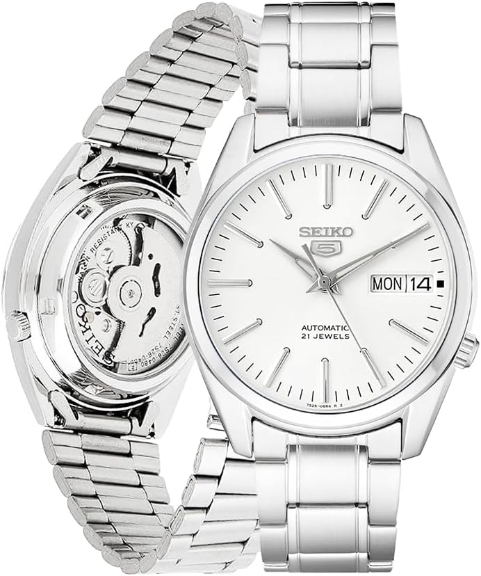 Seiko Mens 5-7S Collection Automatic Watch - Day/Date Calendar, Luminous Hands, Stainless Steel Case and Bracelet, White - SNKL41 , Mechanical automatic watch