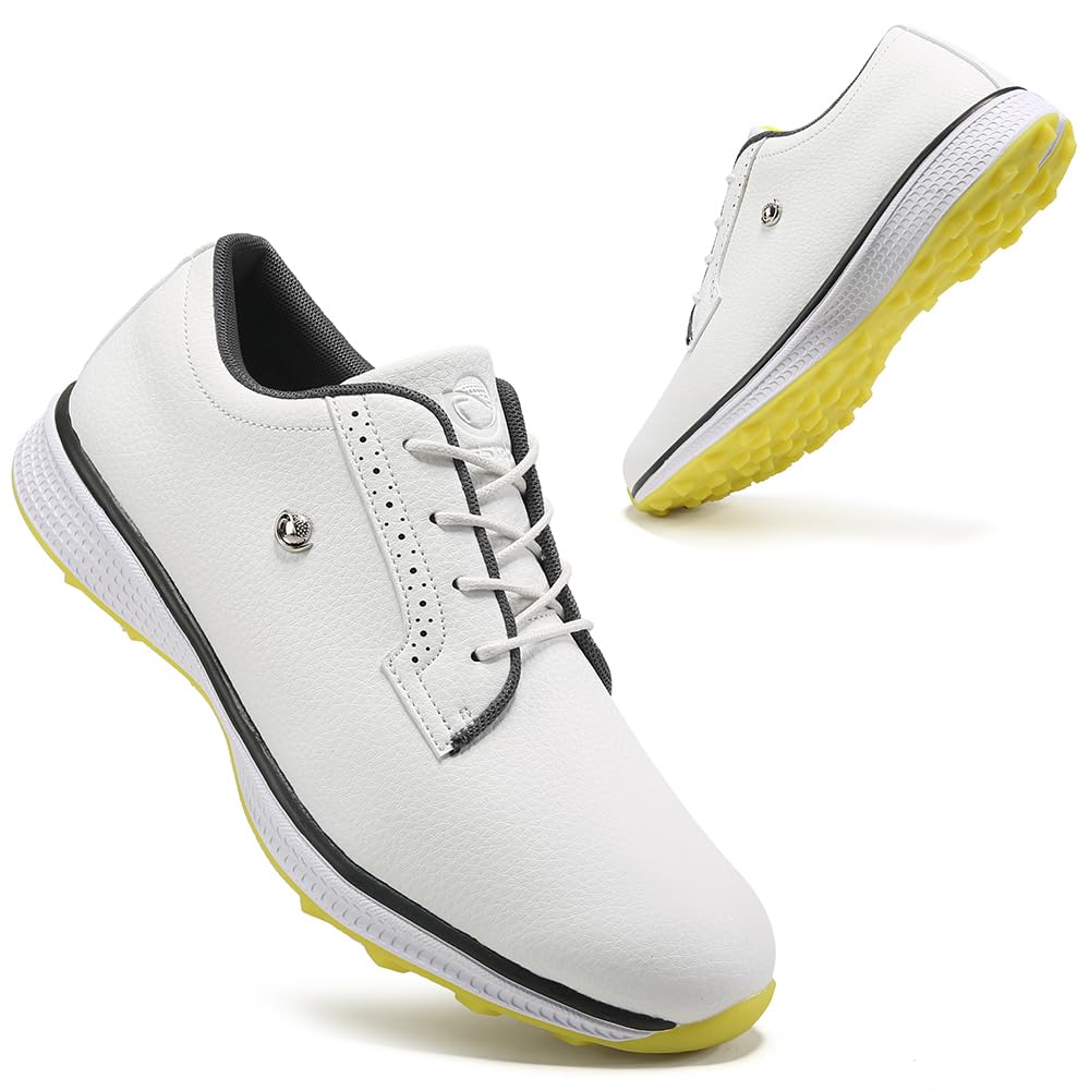 Professional Golf Shoes for Men Classic Comfortable Outdoor Golf Sport Training Sneakers Size 7-15 Non-Slip Golf Trainers Men (White Yellow,11)