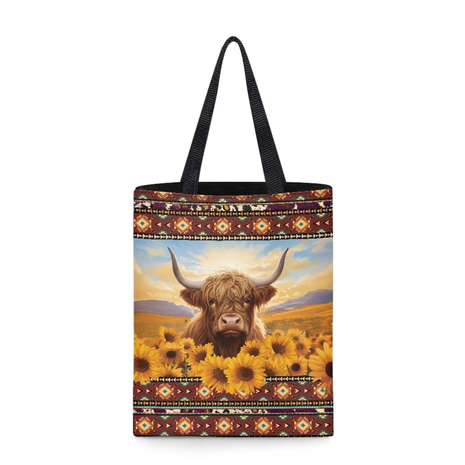 Belidome Aztec Sunflower Cow Canvas Tote Bags for Women Handbag Reusable for Shopping Work Travel