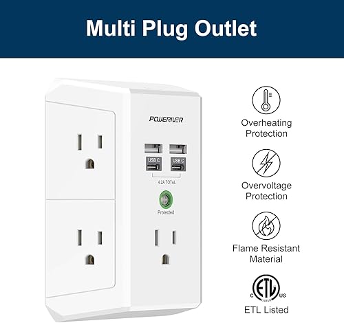 Miniatura 3 de Extensor de sobretensiones multitoma de corriente con 5 salidas de CA y 4 puertos USB (2 USB C), 1,680 julios, divisor de salida para oficina en