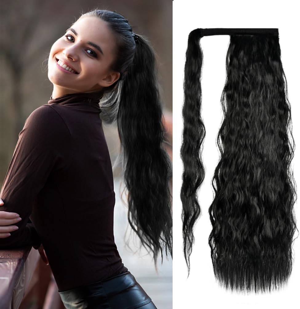 Corn Wave Ponytail Extension Wrap Around 26 Inches Long Curly Wavy Pony Tail Extension Synthetic Black Ponytails Hairpiece for Women Girls (26 Inches, 1B Natural Black)