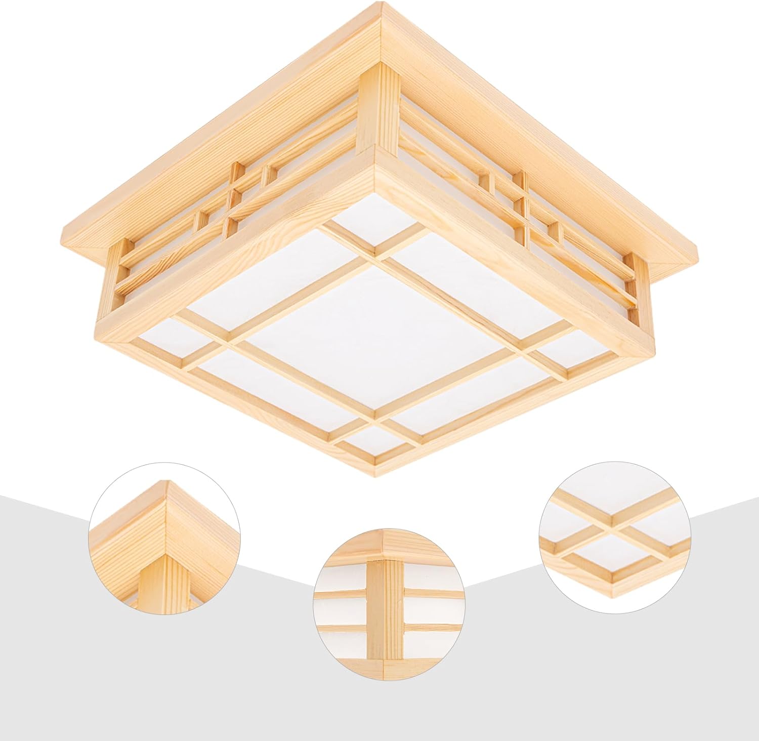 Square Tatami Ceiling Light, Chinese Japanese Grid Lamp w/Remote, Wood Square Tatami LED Ceiling Light, Minimalist Wood Ceiling Lamp for Bedroom, Living Room, Dining Room, and Kitchen