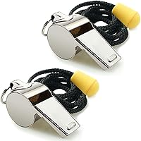 Hipat 2 Pack Stainless Steel Sports Whistles with Lanyard - Loud 120dB Crisp Sound for Coaches, Referees, Lifeguards
