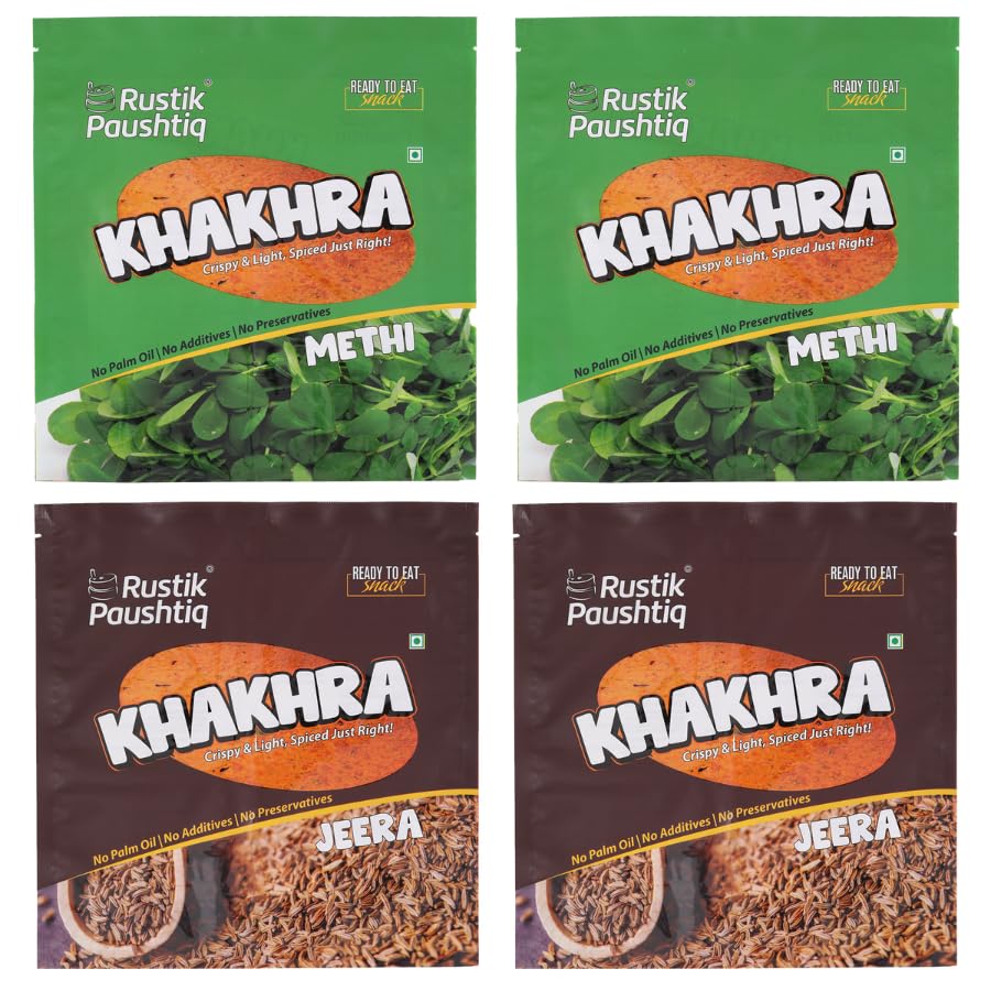 Image of RUSTIK PAUSHTIQ Baked Khakhra Combo - 200g x 4 Packets | 2 Methi & 2 Jeera Flavours | Whole Wheat Crispy Snacks | No Palm Oil | Ready to Eat Tea Time Snack | 800g