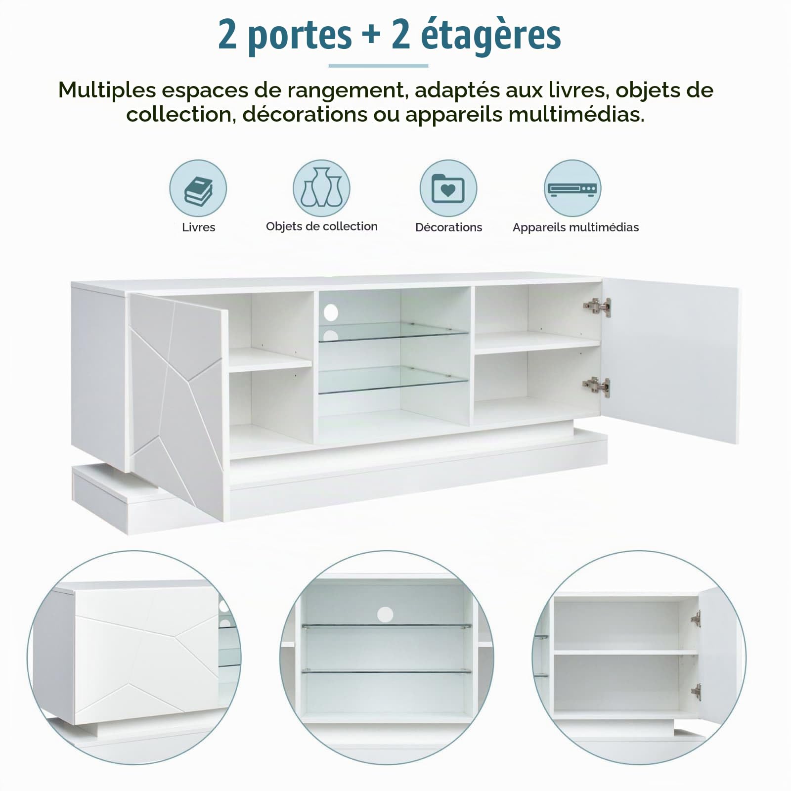 KOMHTOM Meuble TV Moderne avec éclairage LED 16 Couleurs, Meuble télé avec 2 Portes et des séparations réglables, Meuble de Salon avec Rangement (Blanc, 160x38.5x60cm)