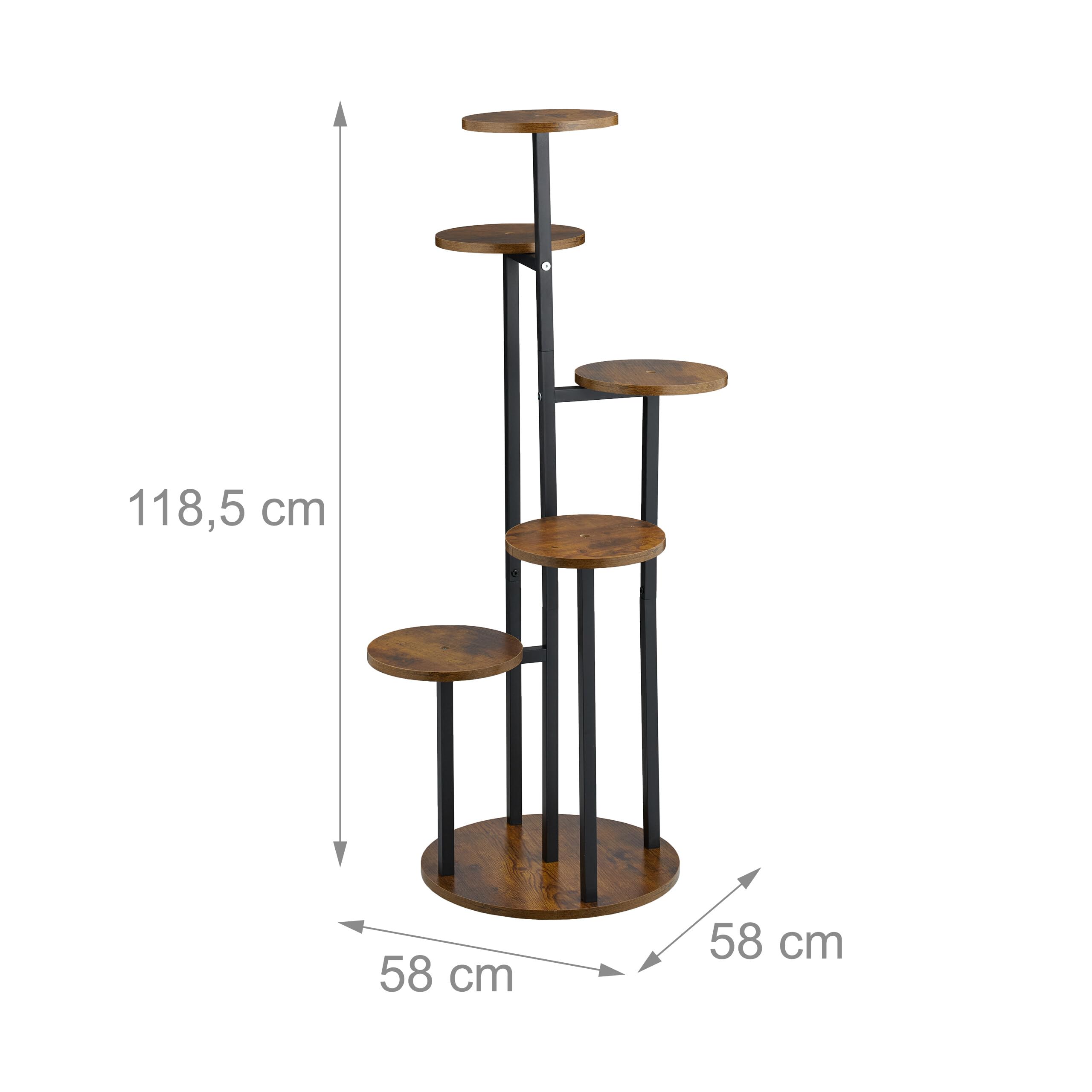 Relaxdays Étagère à Plantes, 5 emplacements, Fer et MDF, H x L x P : 118,5 x 58 x 58 cm, Noir et Marron