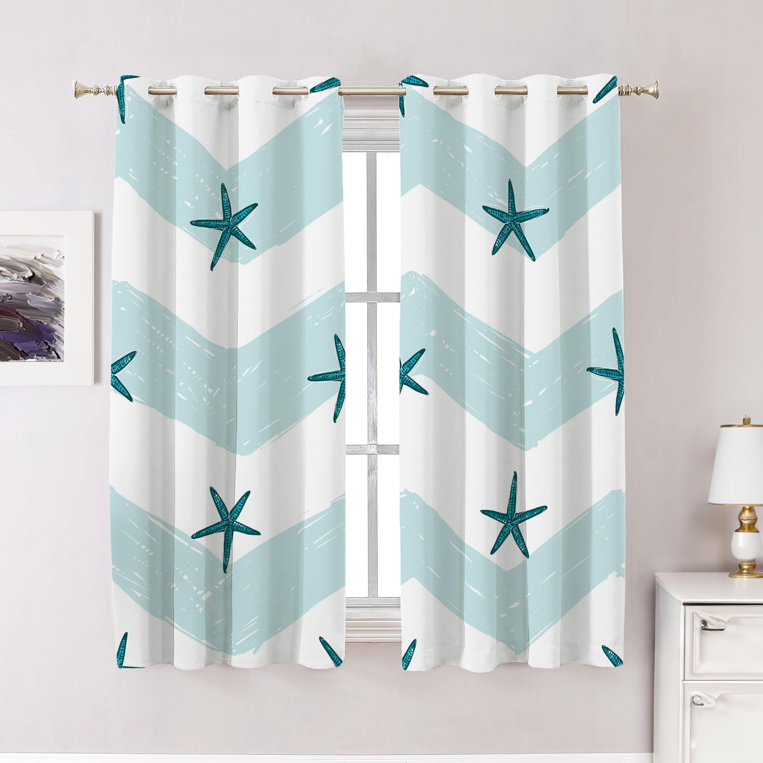 BaoNews Coastal Nautical Bedroom Curtains, Kids Starfish On White Blue Background Blackout Polyester Grommet Window Treatment Drapes for Living Room, 2 Panels 52X63 Inches