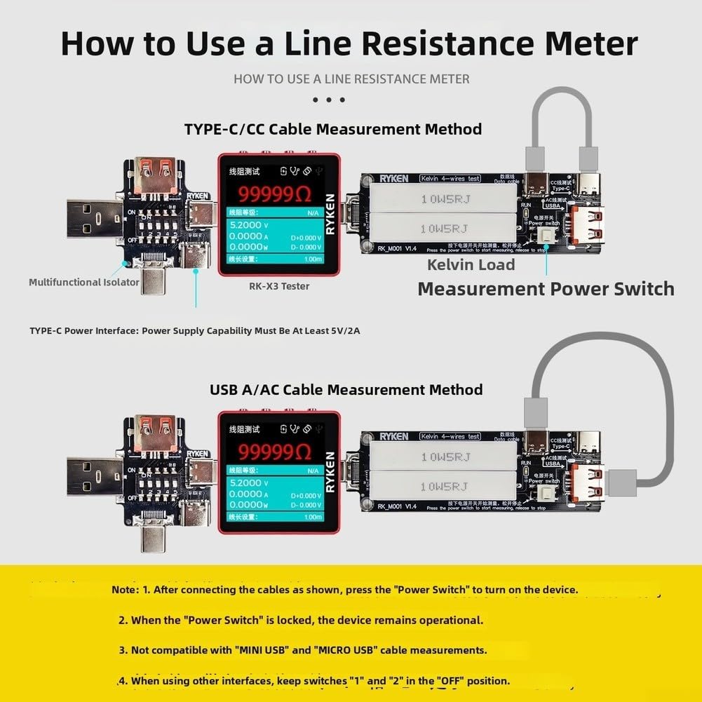 Medidor de voltaje USB RK-X3 M001 con configuración de línea Kelvin de 4 cables optimizado para pruebas de baja resistencia y captura de señal de alimentación USB de alta fidelidad (RK-X3 rojo 48V+