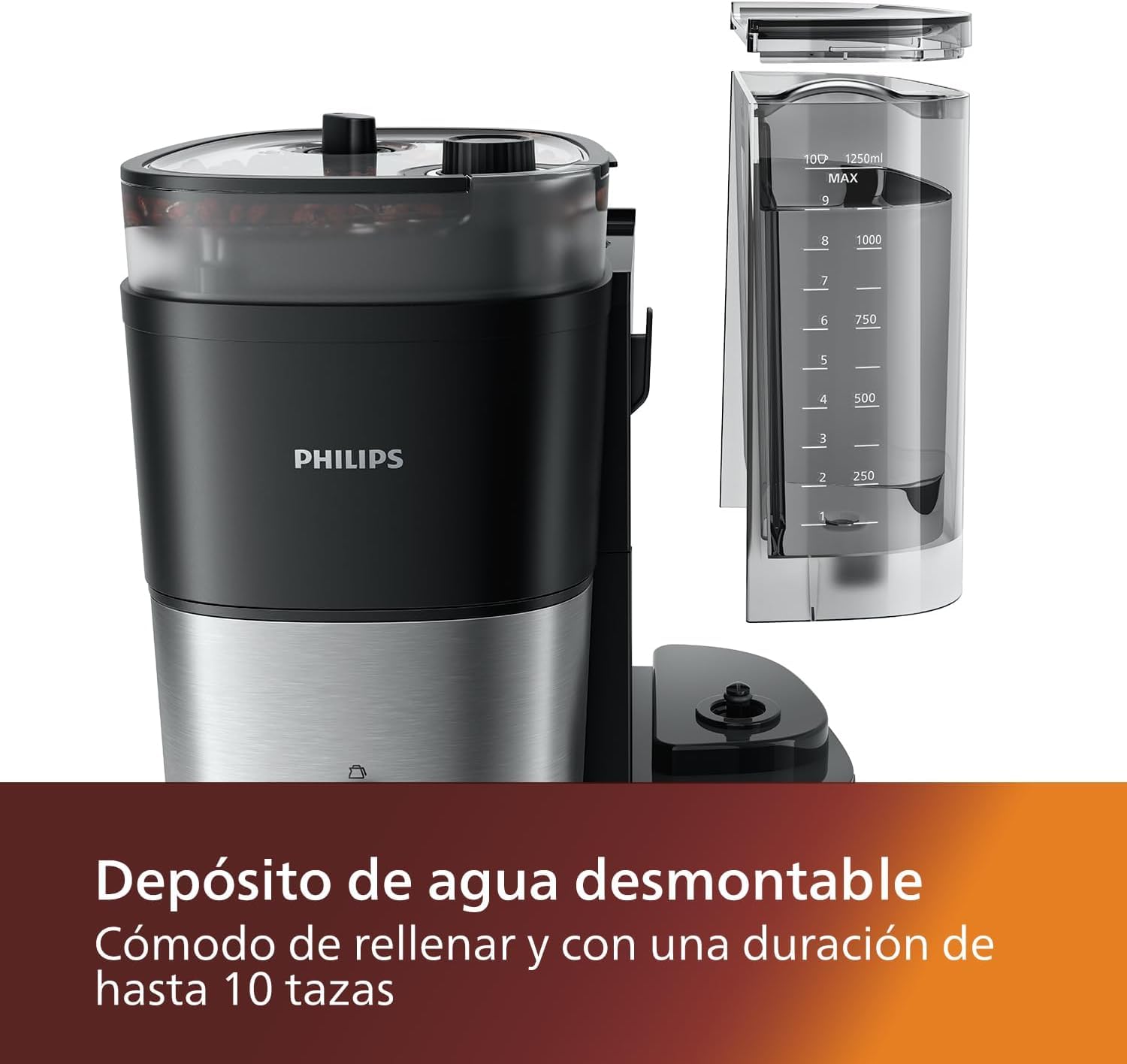 PHILIPS Todo en 1 Cafetera de goteo - molinillo cónico incorporado para granos frescos - preparación en jarra de vidrio de 1,25 L o directamente en taza, selección de intensidad y grosor (HD7900/50)