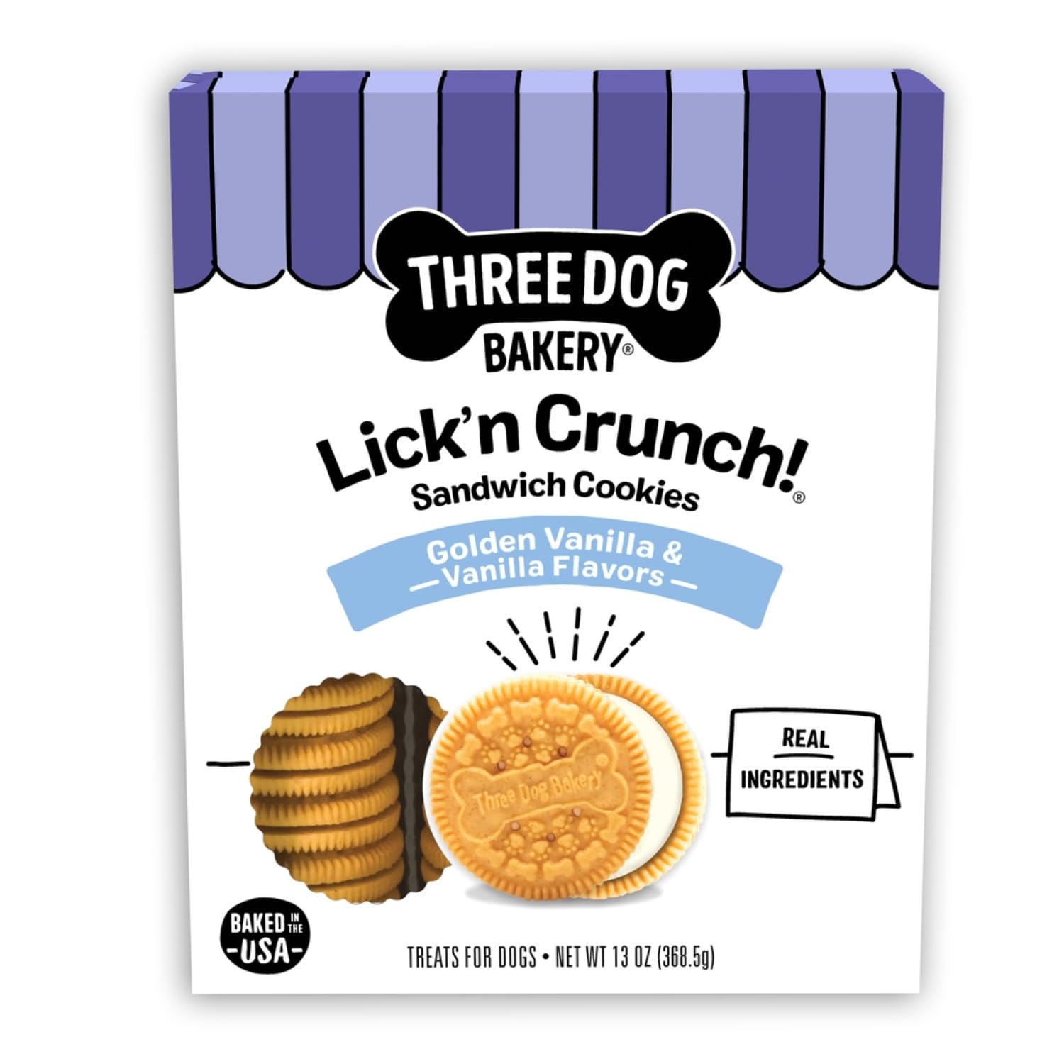 Three Dog Bakery Lick'n Crunch! Golden & Vanilla Sandwich Cookies, Dog Treat, Puppy Cookies with Real Ingredients, Dog Birthday Treat, Training Reward