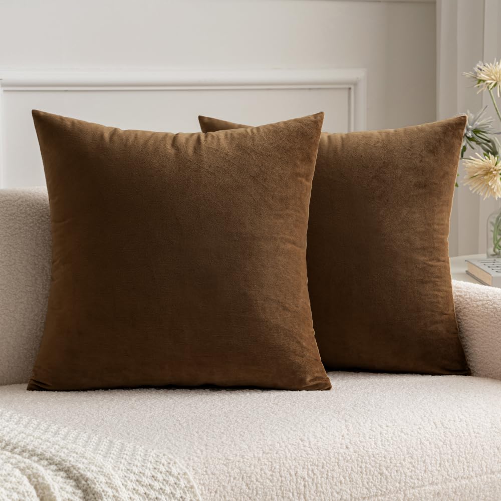 MIULEE Velvet Soft Soild Microfiber Decorative Square Pillow Case Throw Cushion Cover for Sofa Bedroom with Invisible Zipper 16x16 Inch 40x40cm Chocolate Set of 2 Lined
