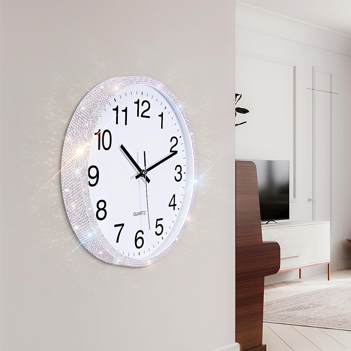 Bling Round Wall Clock for Wall Decoration, Glass Rhinestone Full Coverage Clock Sparkle Twinkle Glitter Home Decor. AA Battery is not Included (Silver 12x12x1.8 inches)